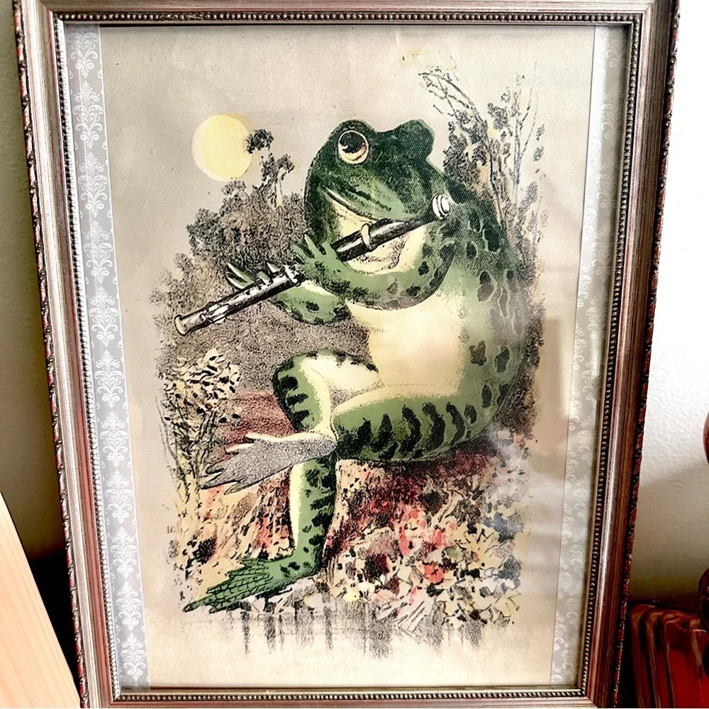 Frog Playing Flute in the Moonlight Vintage Style Canvas Print Silver Frame Art